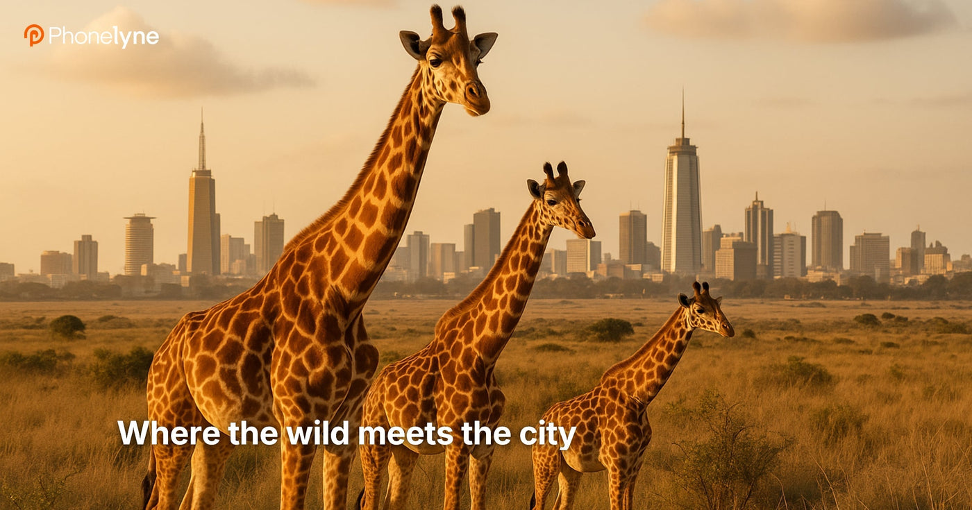 Stunning view of giraffes in foreground with Nairobi's modern skyline in the background, showcasing the unique blend of urban life and wildlife in Kenya's capital